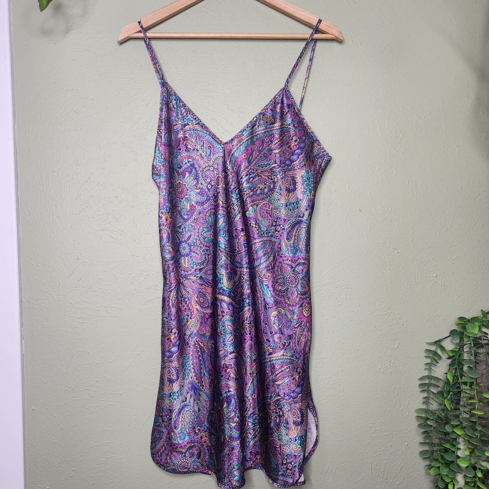 Vintage 90s Featherbed New York Paisley Slip Dress Psychedelic Boho Colorful